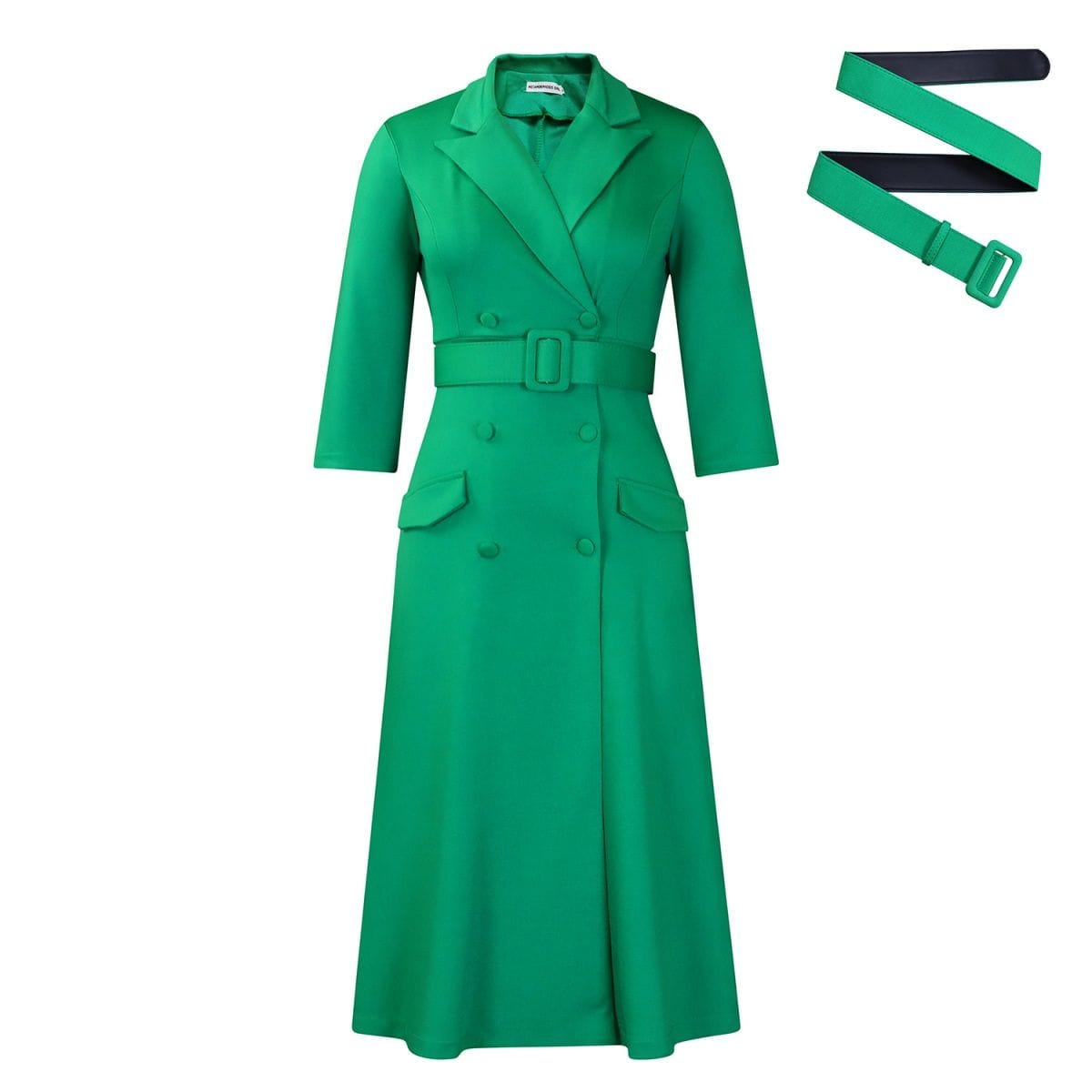 Fashionable and elegant double-breasted suit collar solid color mid-length women's dress for cross-border trade.