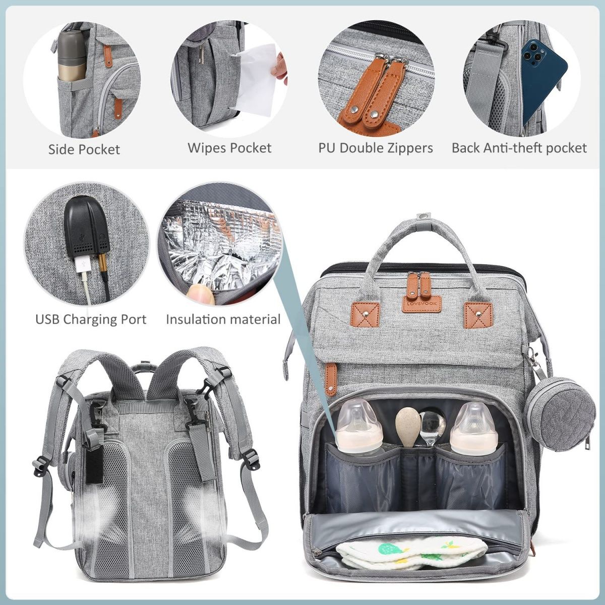 Large capacity diaper bag/backpack, foldable crib, portable for outings.