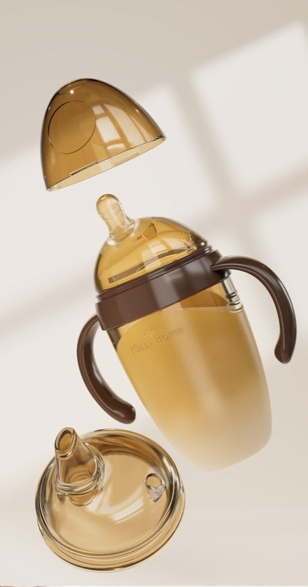 Soft and durable silicone baby bottle with a tilted spout and wide mouth, suitable for infants aged 0-6-12 months.