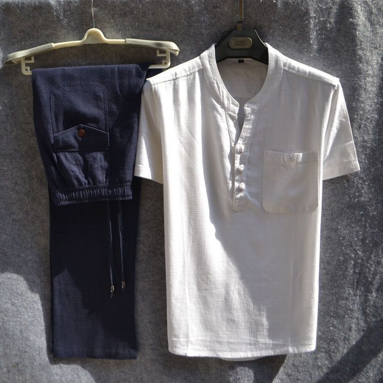 Linen casual two-piece men's summer thin short-sleeved T-shirt and elastic waist trousers