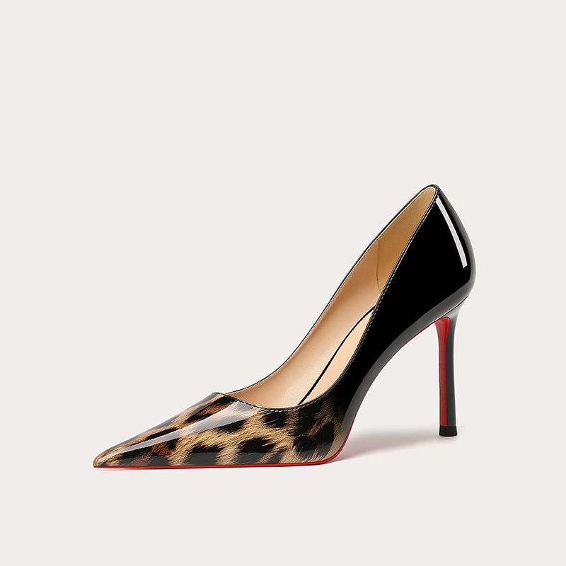 CL elegant and sophisticated women's rhinestone stiletto heels, new black patent leather, pointed toe, and red sole.