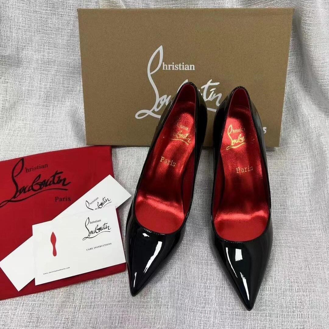CL elegant and sophisticated women's rhinestone stiletto heels, new black patent leather, pointed toe, and red sole.