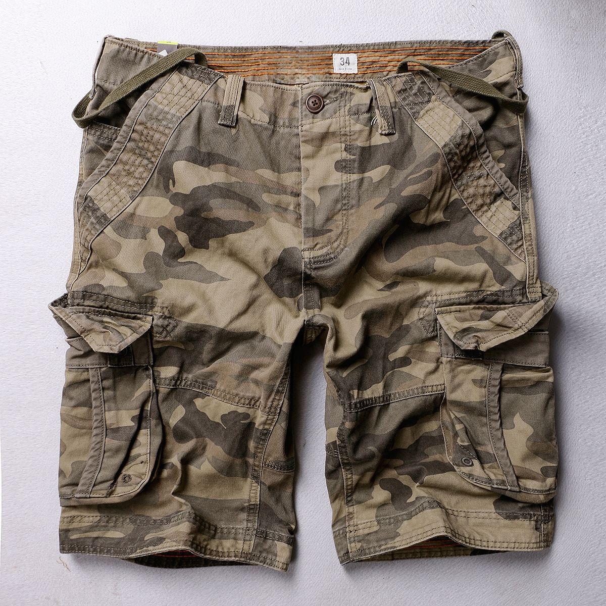 Men's casual mid-length shorts, American camouflage multi-pocket cargo shorts, pure cotton, loose fit for summer.