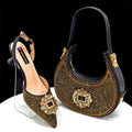 European and American style women's champagne-colored pointed-toe shoes and bag set with rhinestone buckle embellishment