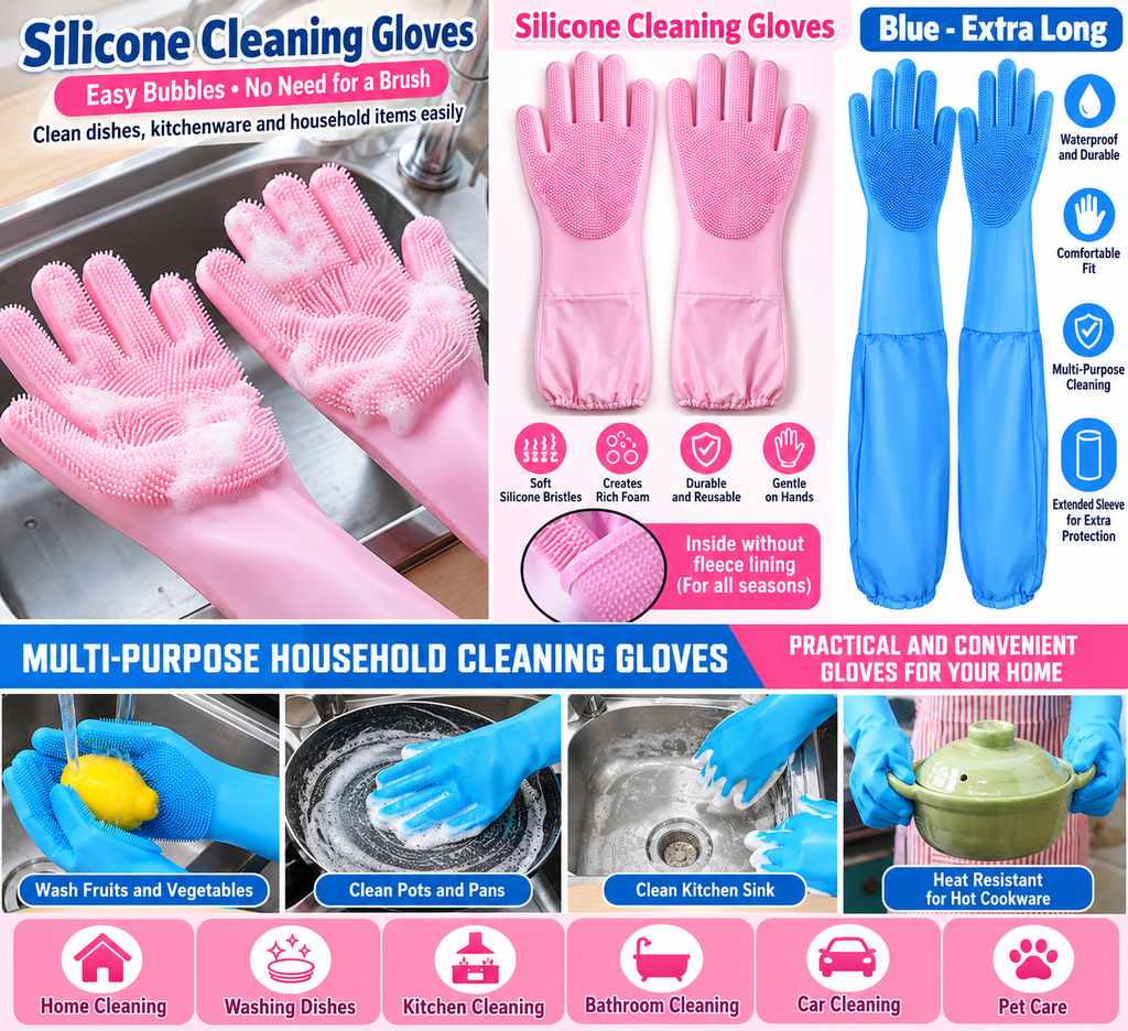 Extended waterproof silicone gloves, thickened for dishwashing, winter use, suitable for household cleaning.