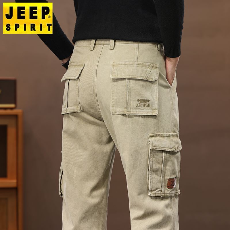 JEEP Men's Thick Cotton Straight Leg Loose Fit Cargo Pants for Autumn and Winter