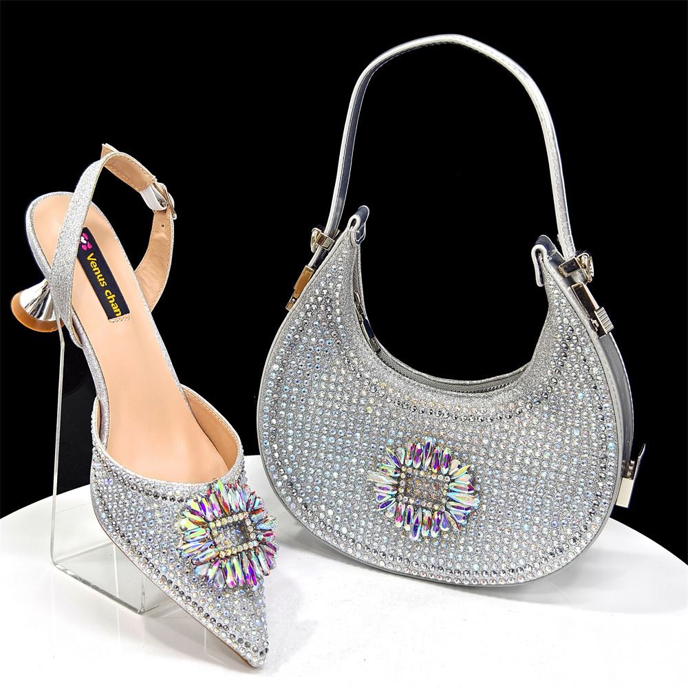 European and American style women's champagne-colored pointed-toe shoes and bag set with rhinestone buckle embellishment
