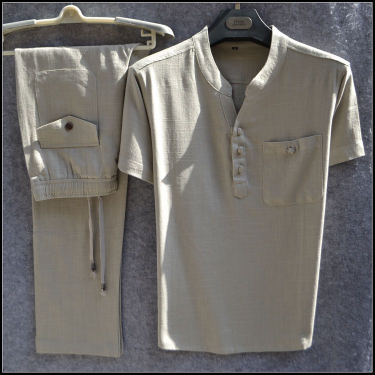 Linen casual two-piece men's summer thin short-sleeved T-shirt and elastic waist trousers