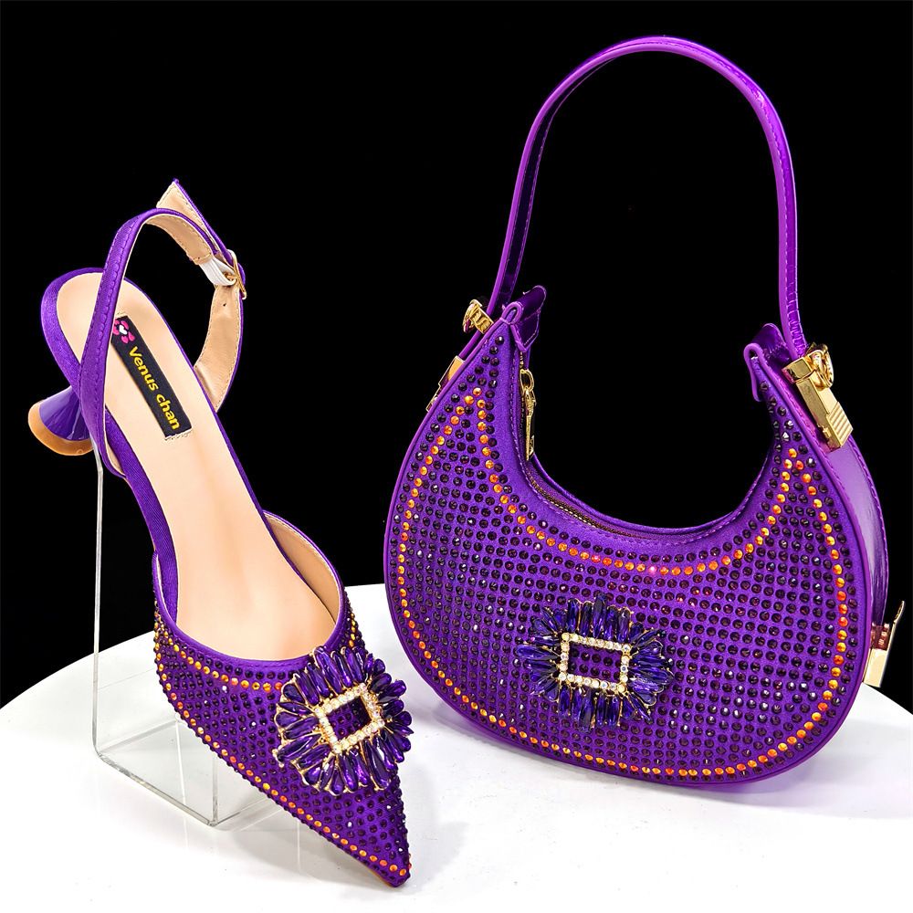 European and American style women's champagne-colored pointed-toe shoes and bag set with rhinestone buckle embellishment