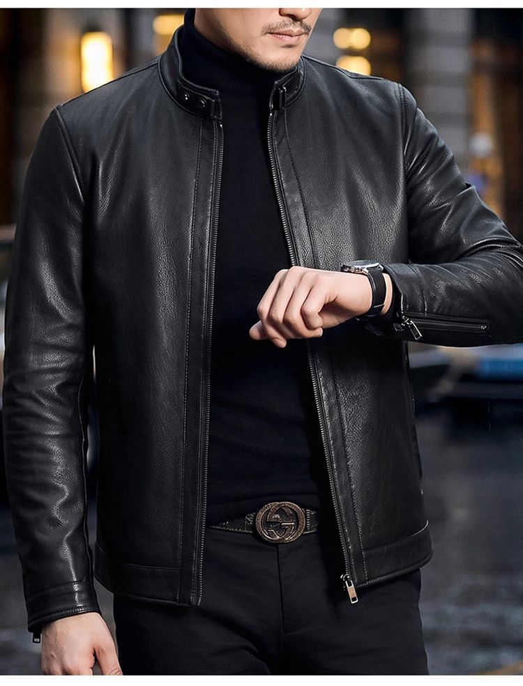 New Spring/Autumn Retro Motorcycle Style Genuine Leather Jacket for Men; Winter Casual Fleece Lined.
