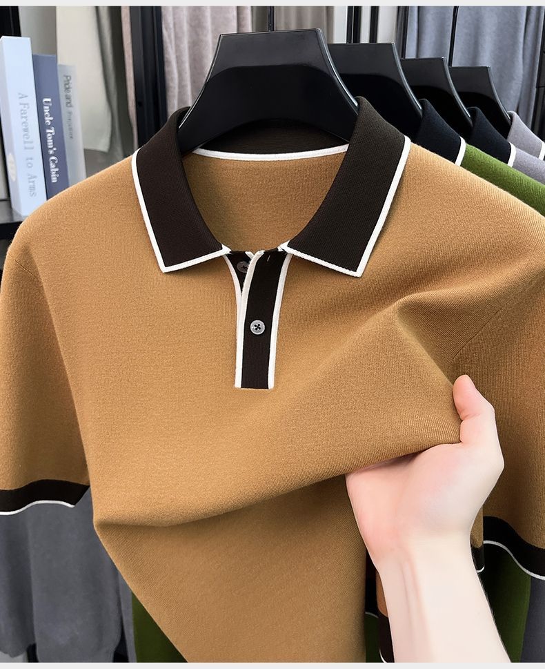 New autumn/winter men's short-sleeved collared knit sweater pullover sweater casual trendy dad outfit