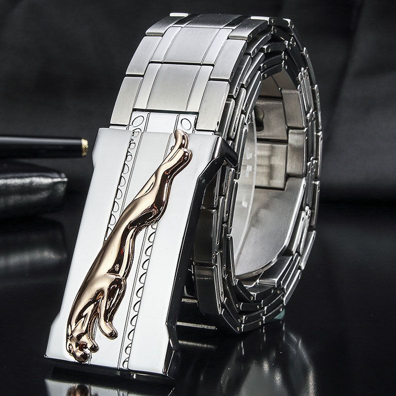 Stainless steel belt for men's self-defense whip, leopard design, versatile and extended length.