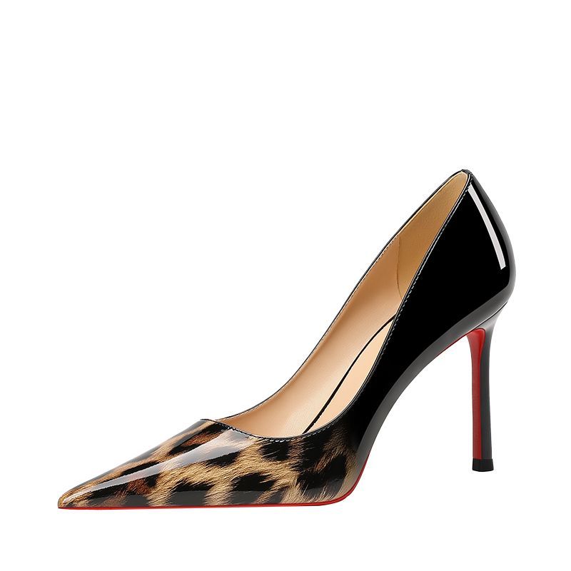 CL elegant and sophisticated women's rhinestone stiletto heels, new black patent leather, pointed toe, and red sole.