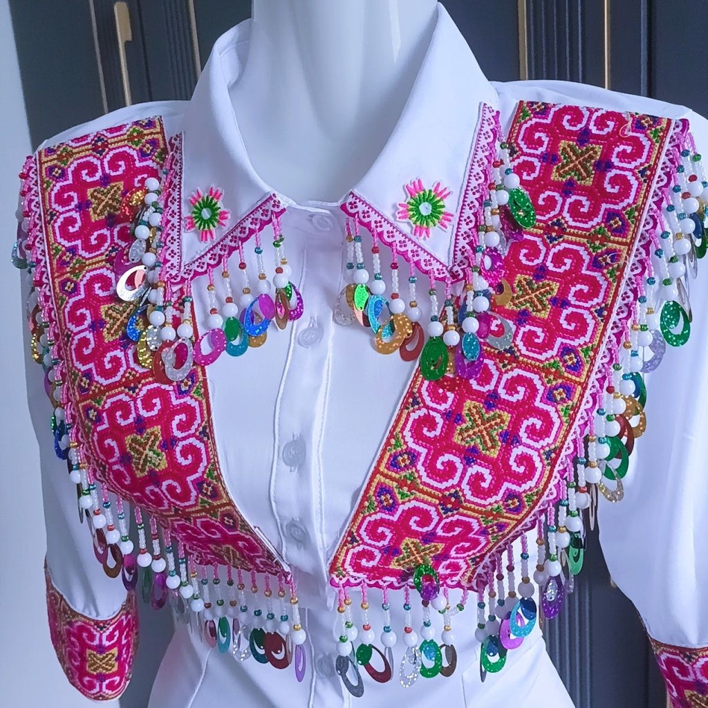Yunnan New Embroidered Collar Versatile Casual Mid-Sleeve Shirt