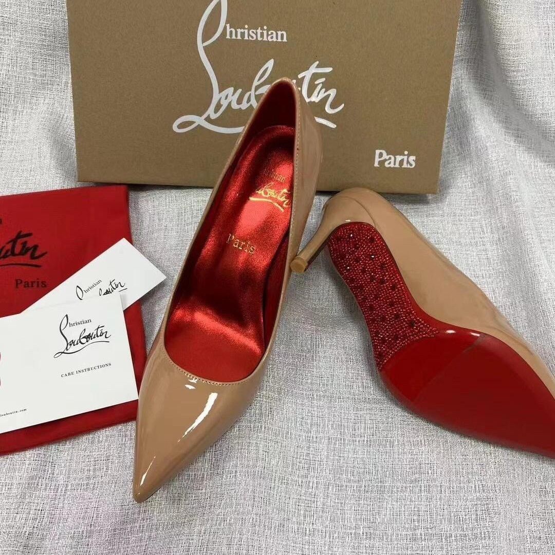 CL elegant and sophisticated women's rhinestone stiletto heels, new black patent leather, pointed toe, and red sole.