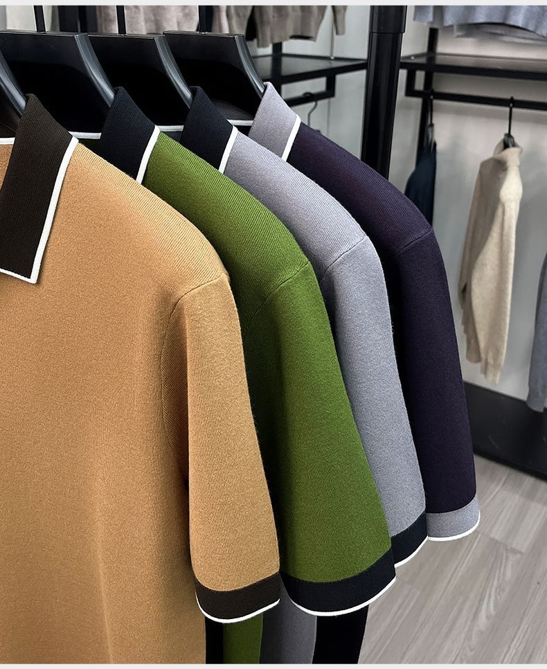New autumn/winter men's short-sleeved collared knit sweater pullover sweater casual trendy dad outfit
