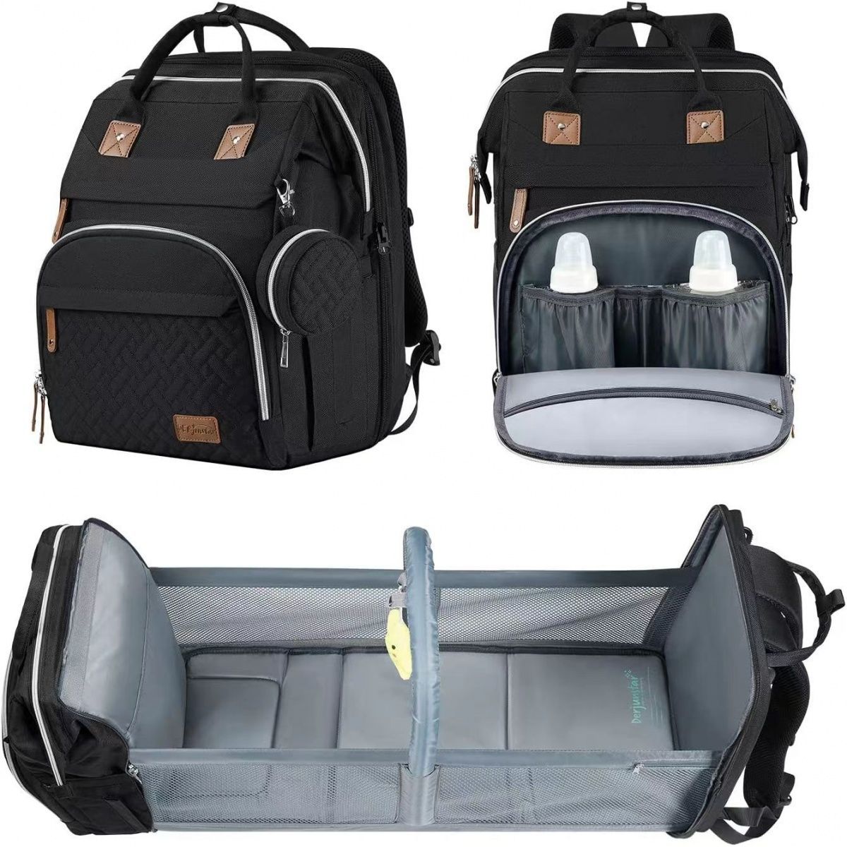 Large capacity diaper bag/backpack, foldable crib, portable for outings.