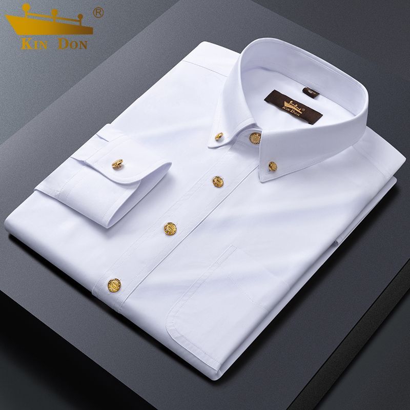 Golden Shield Men's Long-Sleeve Shirt, Wrinkle-Resistant, Copper Button, Korean Style, Slim Fit, Pockets, Business Casual, High-End New Style