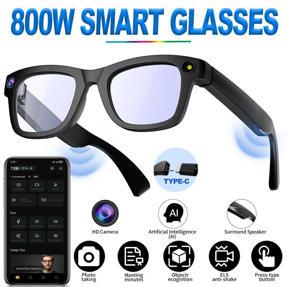 AI smart glasses with 8MP camera for video recording, translation, image recognition, and conferences.