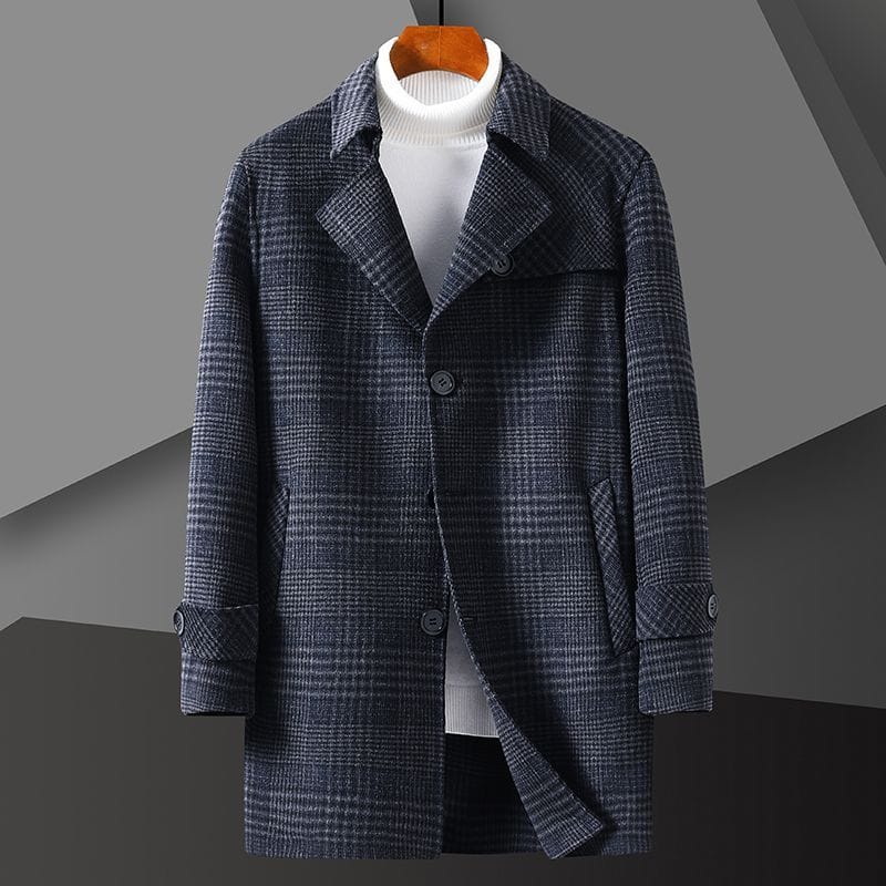 Plaid wool double-faced men's overcoat, mid-length suit, casual style for autumn and winter.