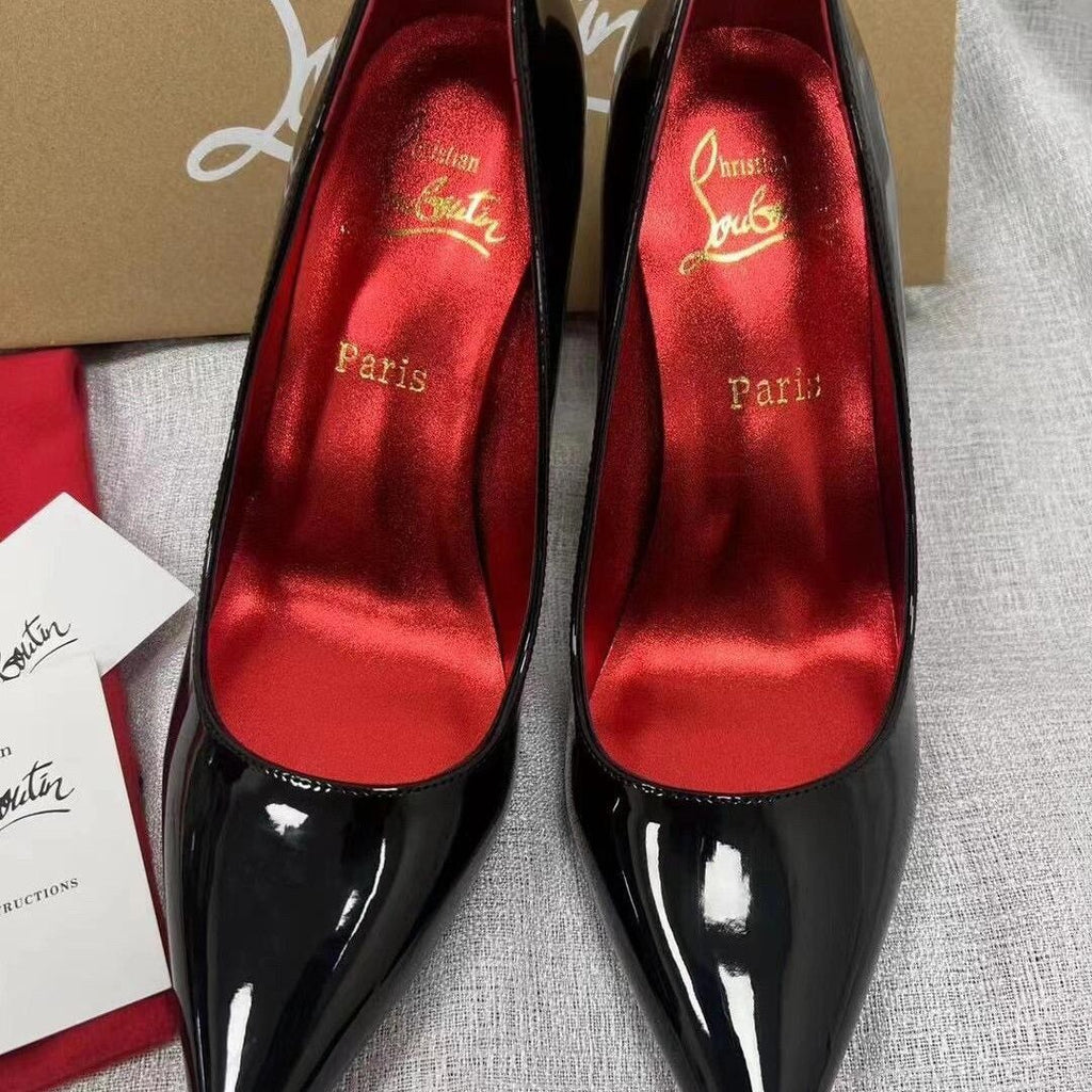 CL elegant and sophisticated women's rhinestone stiletto heels, new black patent leather, pointed toe, and red sole.