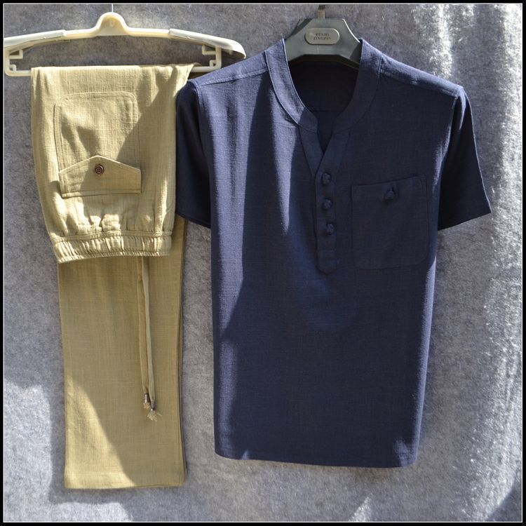 Linen casual two-piece men's summer thin short-sleeved T-shirt and elastic waist trousers