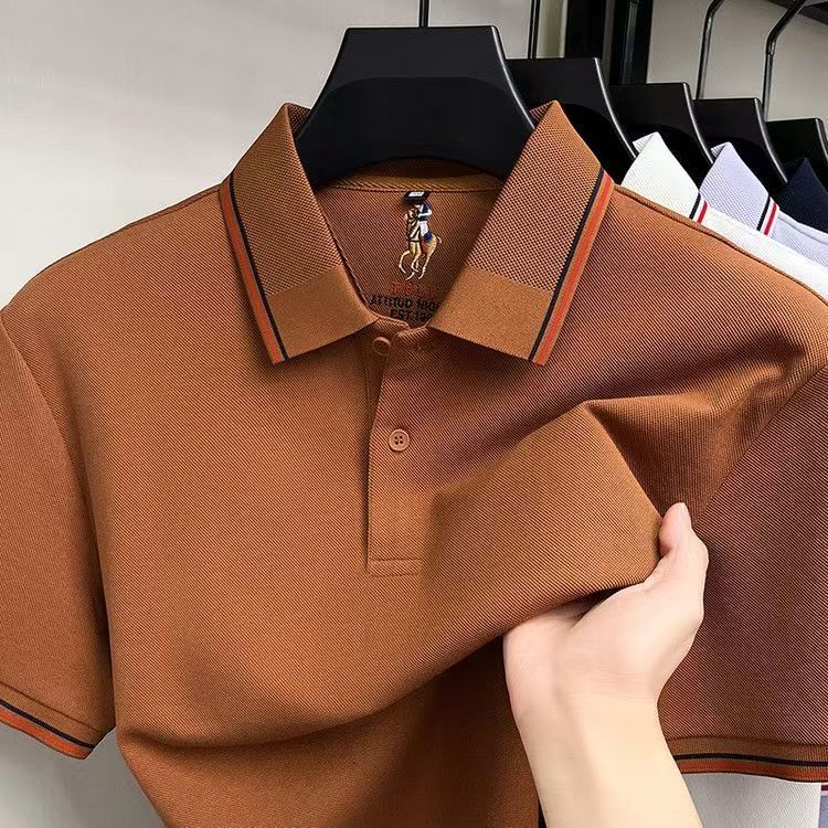 Heavyweight cotton short-sleeved polo shirt for middle-aged and young adults, classic collar, comfortable and stylish top.