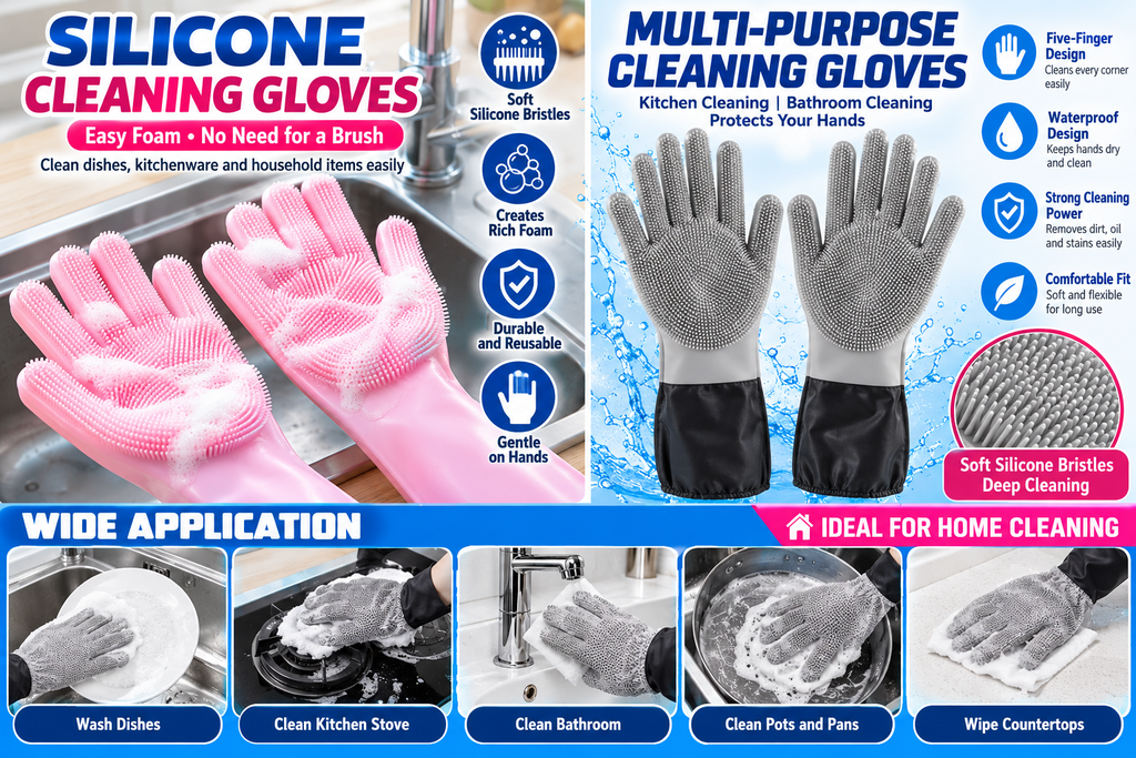 Extended waterproof silicone gloves, thickened for dishwashing, winter use, suitable for household cleaning.