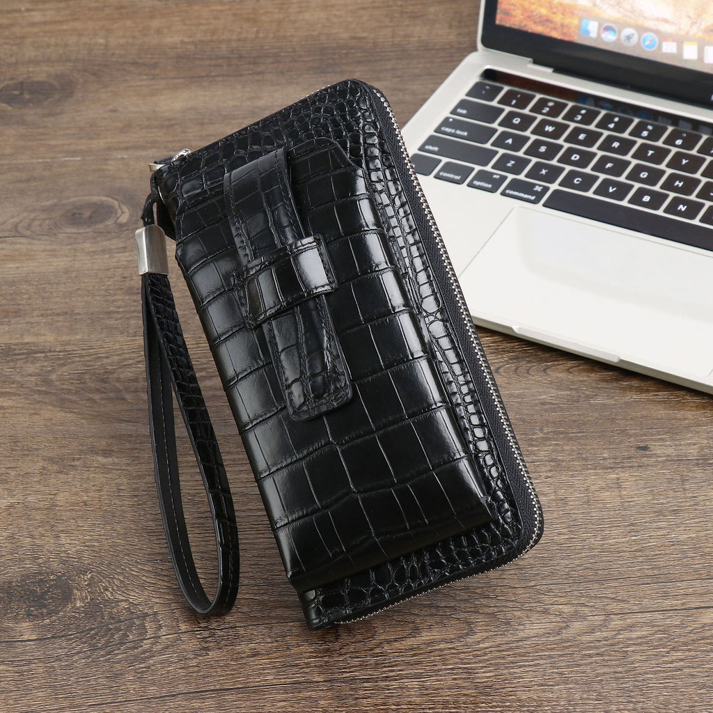 New crocodile belly men's large handbag, high-end, large capacity, long, light luxury wallet, multi-functional business clutch.