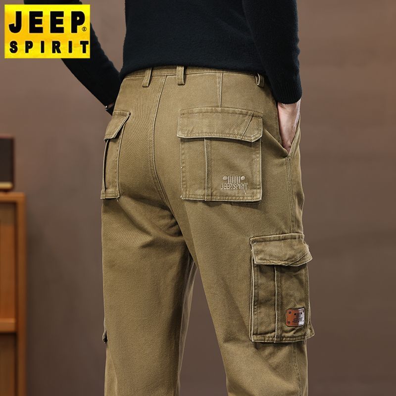 JEEP Men's Thick Cotton Straight Leg Loose Fit Cargo Pants for Autumn and Winter