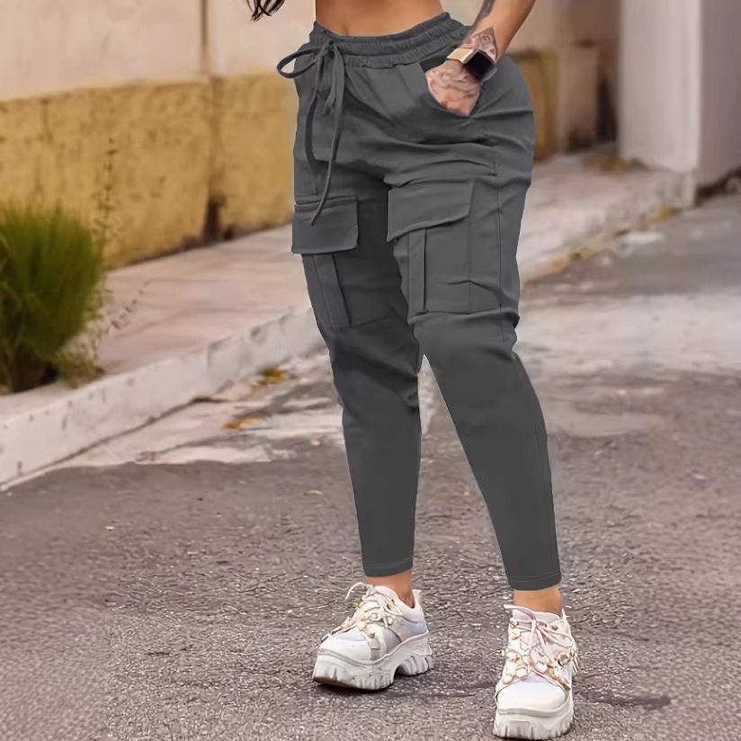 New European and American cross-border style 2026 women's long workwear with multiple pockets and drawstring hem.
