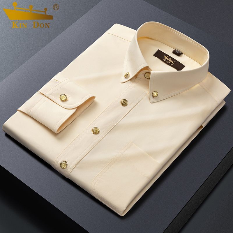 Golden Shield Men's Long-Sleeve Shirt, Wrinkle-Resistant, Copper Button, Korean Style, Slim Fit, Pockets, Business Casual, High-End New Style