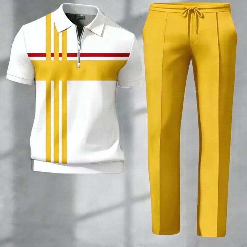 SHEIN Cross-Border New Autumn/Spring 3D Printed Short-Sleeve Polo Pants Two-Piece Set for Men