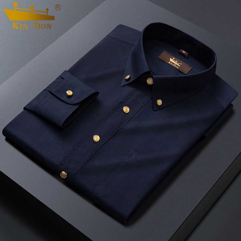 Golden Shield Men's Long-Sleeve Shirt, Wrinkle-Resistant, Copper Button, Korean Style, Slim Fit, Pockets, Business Casual, High-End New Style