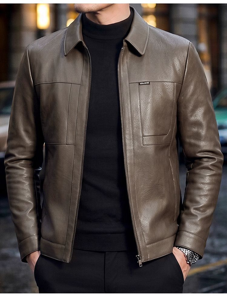 New Spring/Autumn Retro Motorcycle Style Genuine Leather Jacket for Men; Winter Casual Fleece Lined.