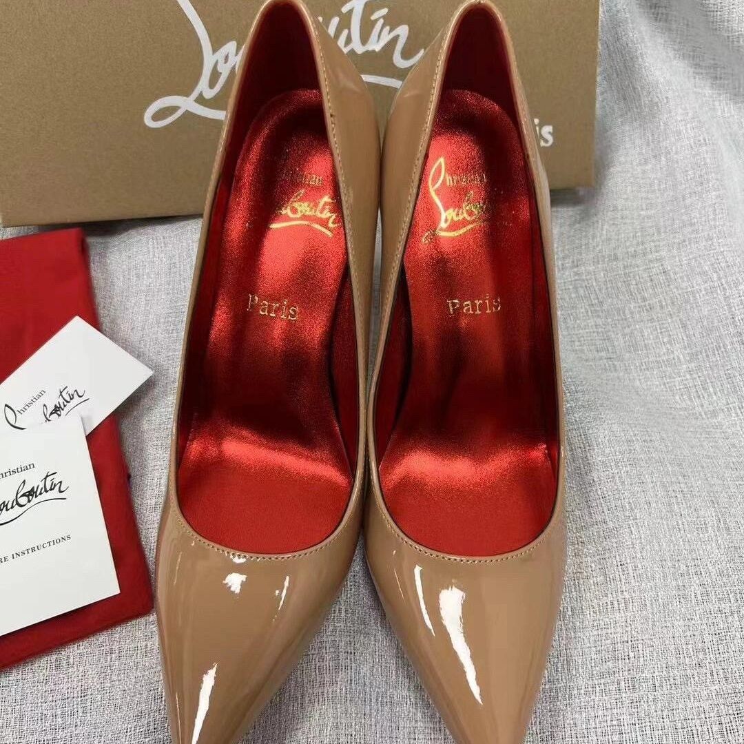 CL elegant and sophisticated women's rhinestone stiletto heels, new black patent leather, pointed toe, and red sole.