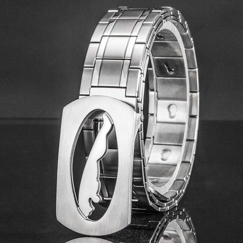 Stainless steel belt for men's self-defense whip, leopard design, versatile and extended length.