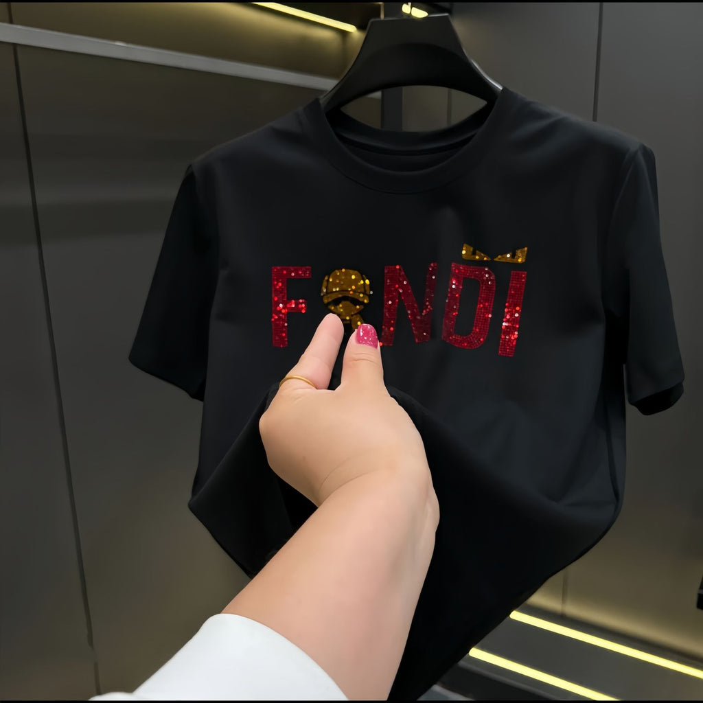 New Karl Lagerfeld Rhinestone Summer Short-Sleeve T-Shirt for Men and Women, Plus Size, Trendy Base Layer