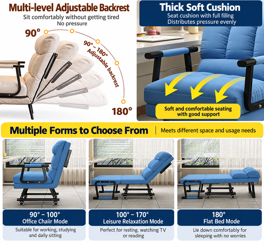 Office chair - fold chair, can sleep, very suitable for office tips and dormitory Sofa Bed 65: Package dimensions 123*62*14 cm, 11 kg
Sofa Bed 80: Package dimensions 123*77*14 cm, weight 11.4 kg
Sofa Bed 100: Package dimensions 123*96*15 cm, weight 13.5 k