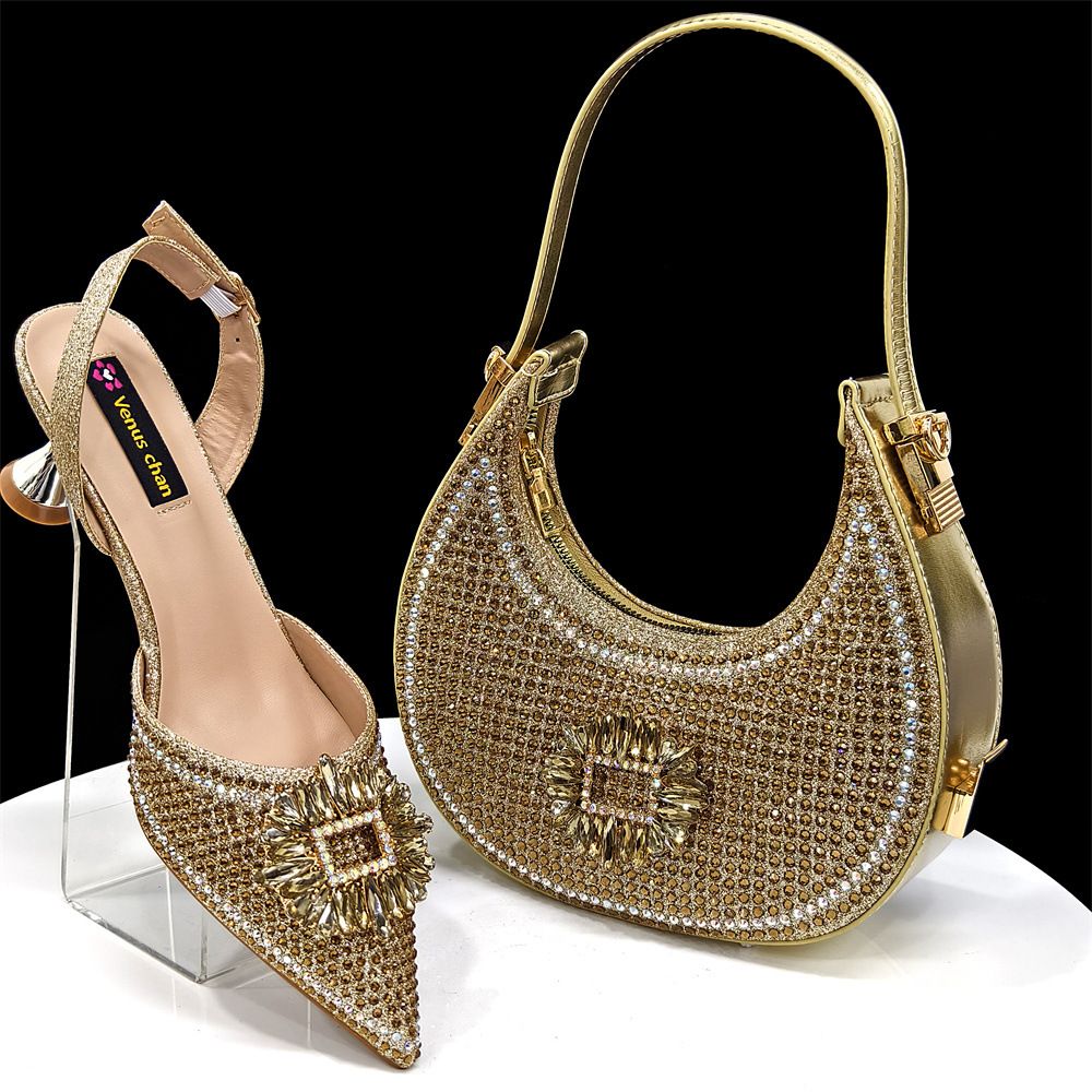 European and American style women's champagne-colored pointed-toe shoes and bag set with rhinestone buckle embellishment