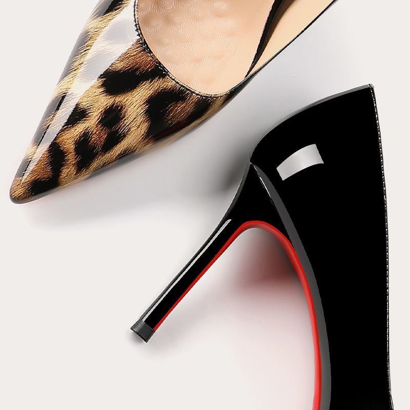 CL elegant and sophisticated women's rhinestone stiletto heels, new black patent leather, pointed toe, and red sole.
