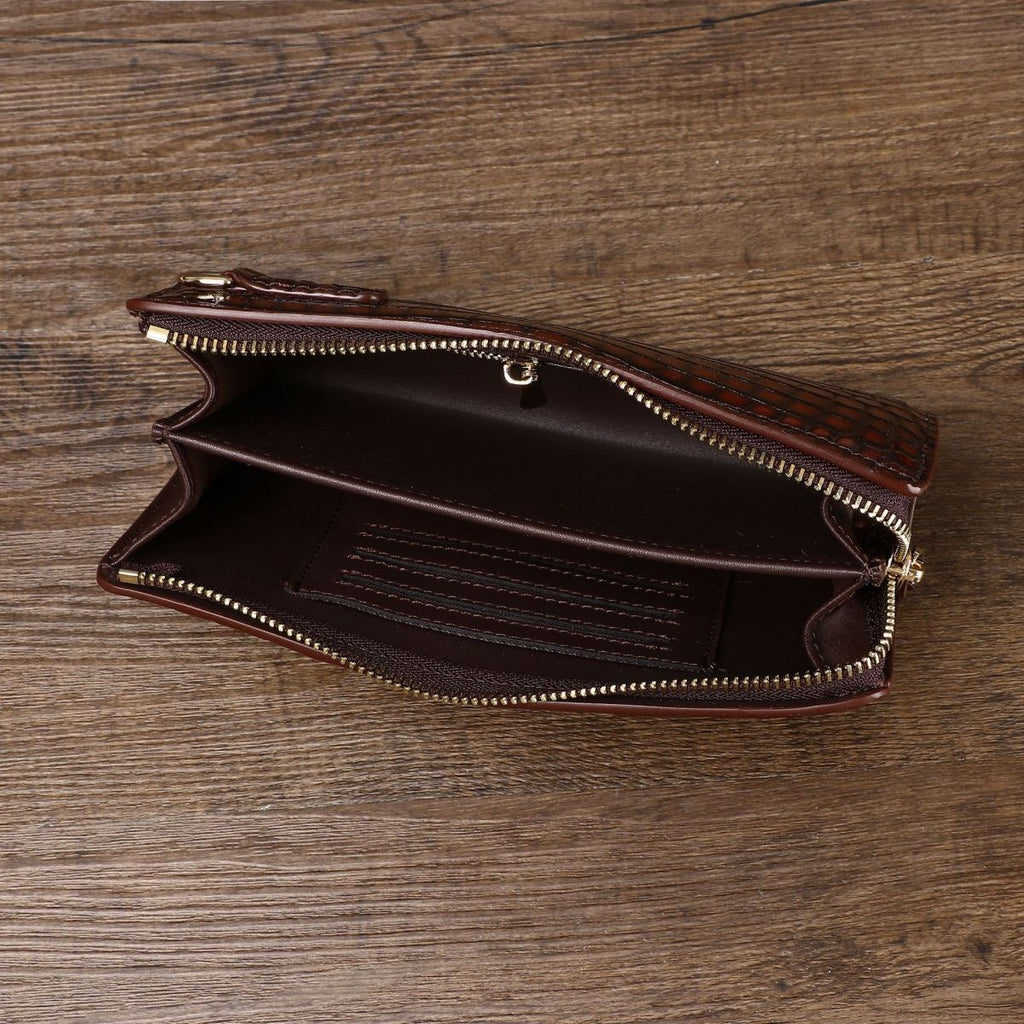 New crocodile belly men's large handbag, high-end, large capacity, long, light luxury wallet, multi-functional business clutch.