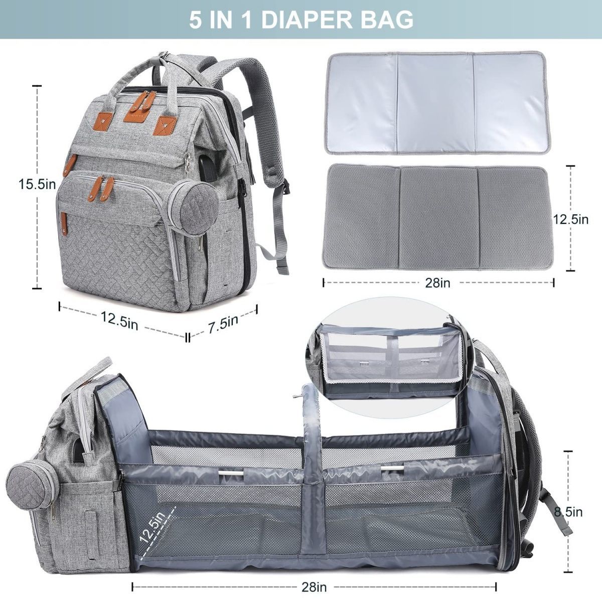 Large capacity diaper bag/backpack, foldable crib, portable for outings.