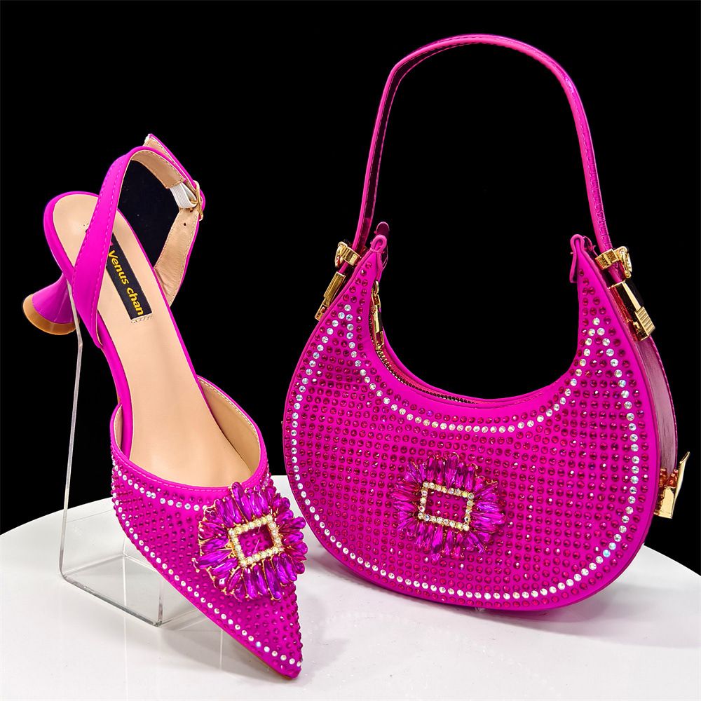 European and American style women's champagne-colored pointed-toe shoes and bag set with rhinestone buckle embellishment