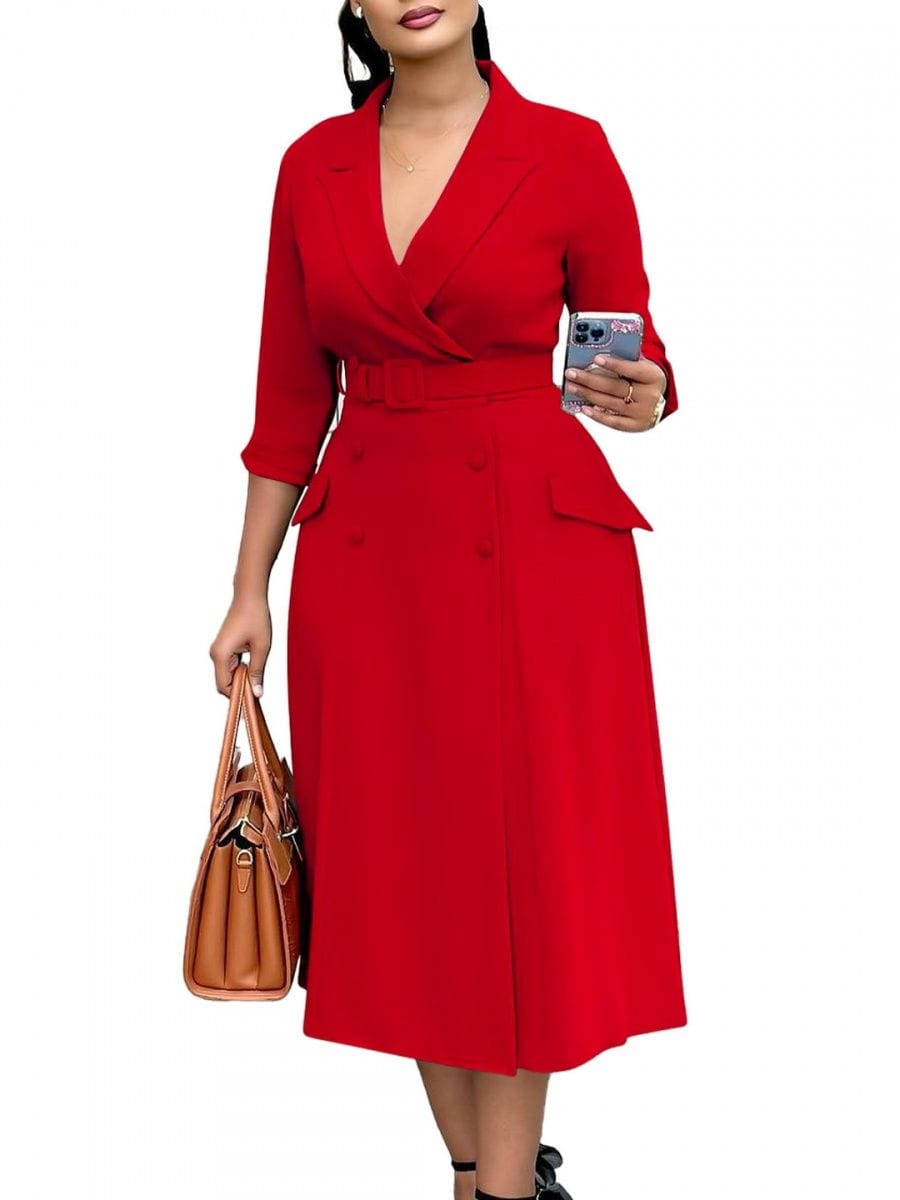 Fashionable and elegant double-breasted suit collar solid color mid-length women's dress for cross-border trade.