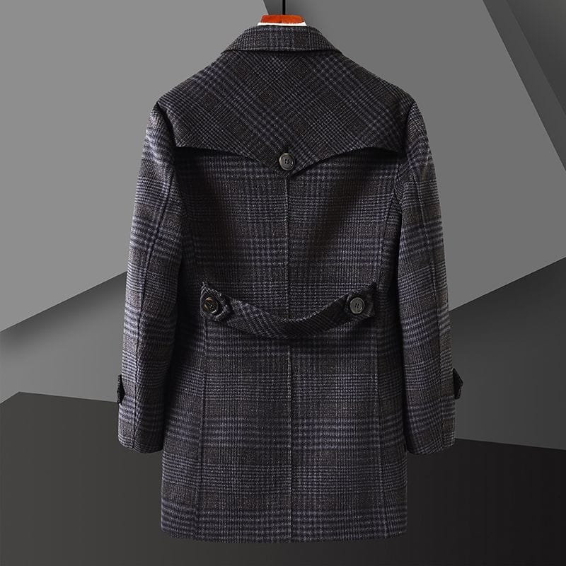 Plaid wool double-faced men's overcoat, mid-length suit, casual style for autumn and winter.