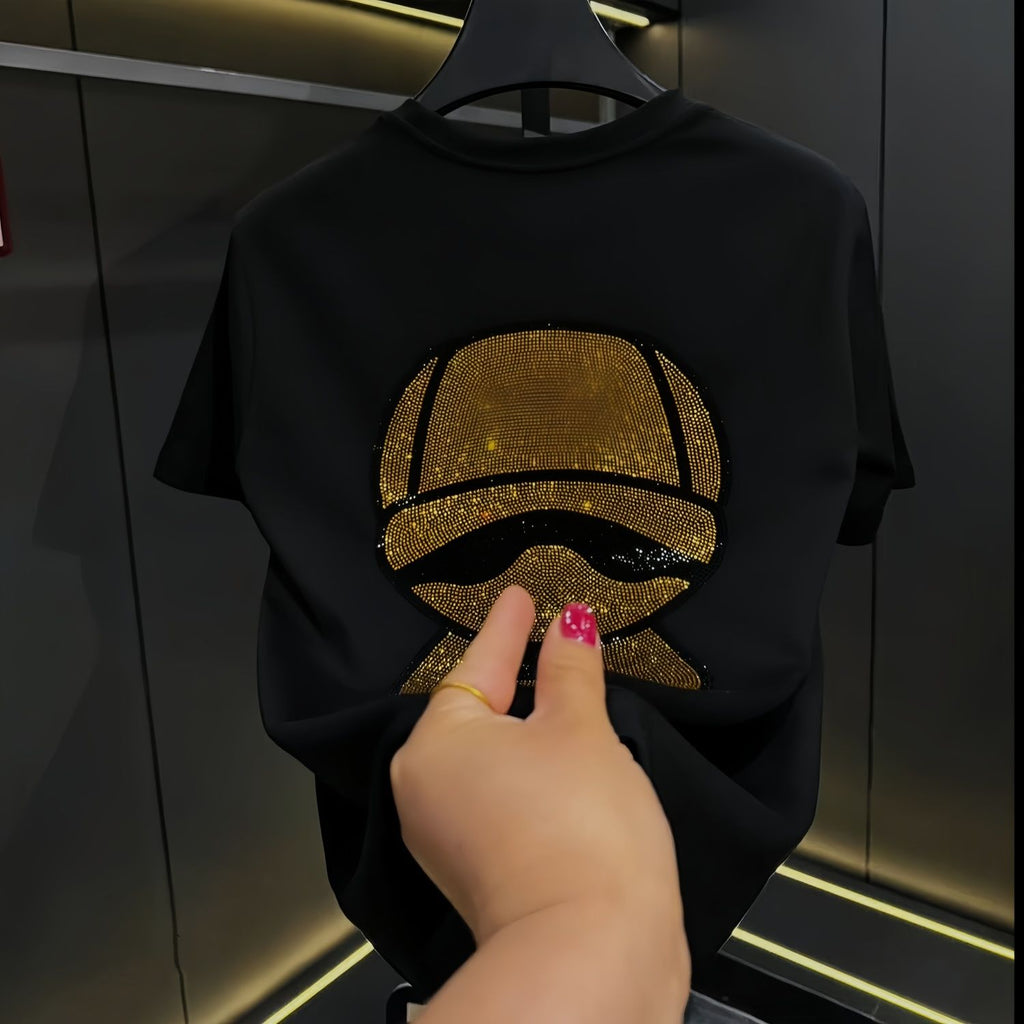 New Karl Lagerfeld Rhinestone Summer Short-Sleeve T-Shirt for Men and Women, Plus Size, Trendy Base Layer