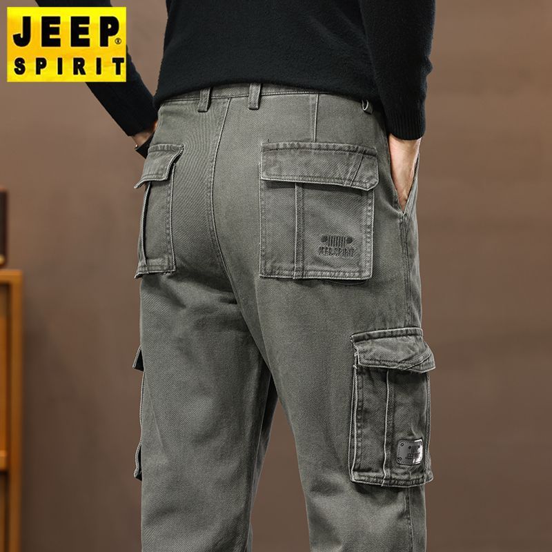 JEEP Men's Thick Cotton Straight Leg Loose Fit Cargo Pants for Autumn and Winter