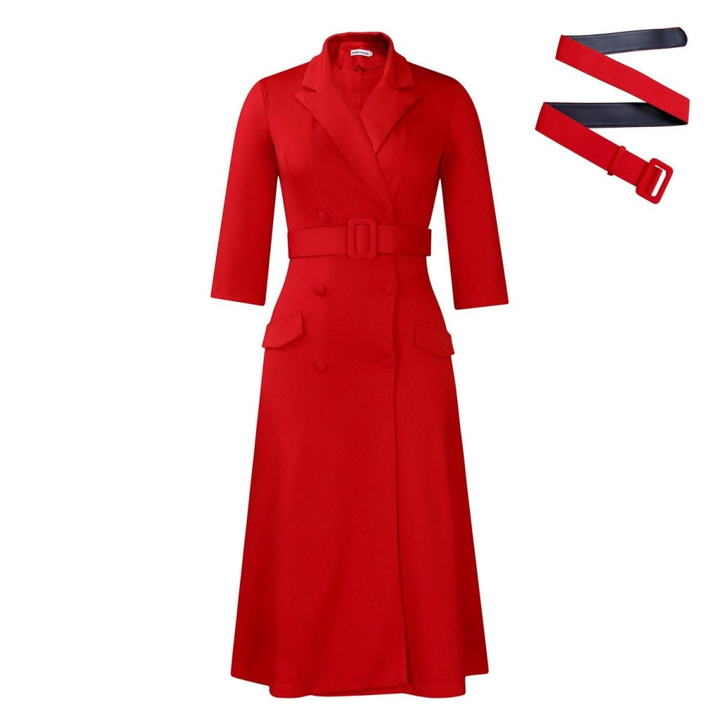 Fashionable and elegant double-breasted suit collar solid color mid-length women's dress for cross-border trade.