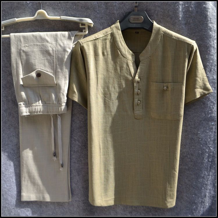 Linen casual two-piece men's summer thin short-sleeved T-shirt and elastic waist trousers